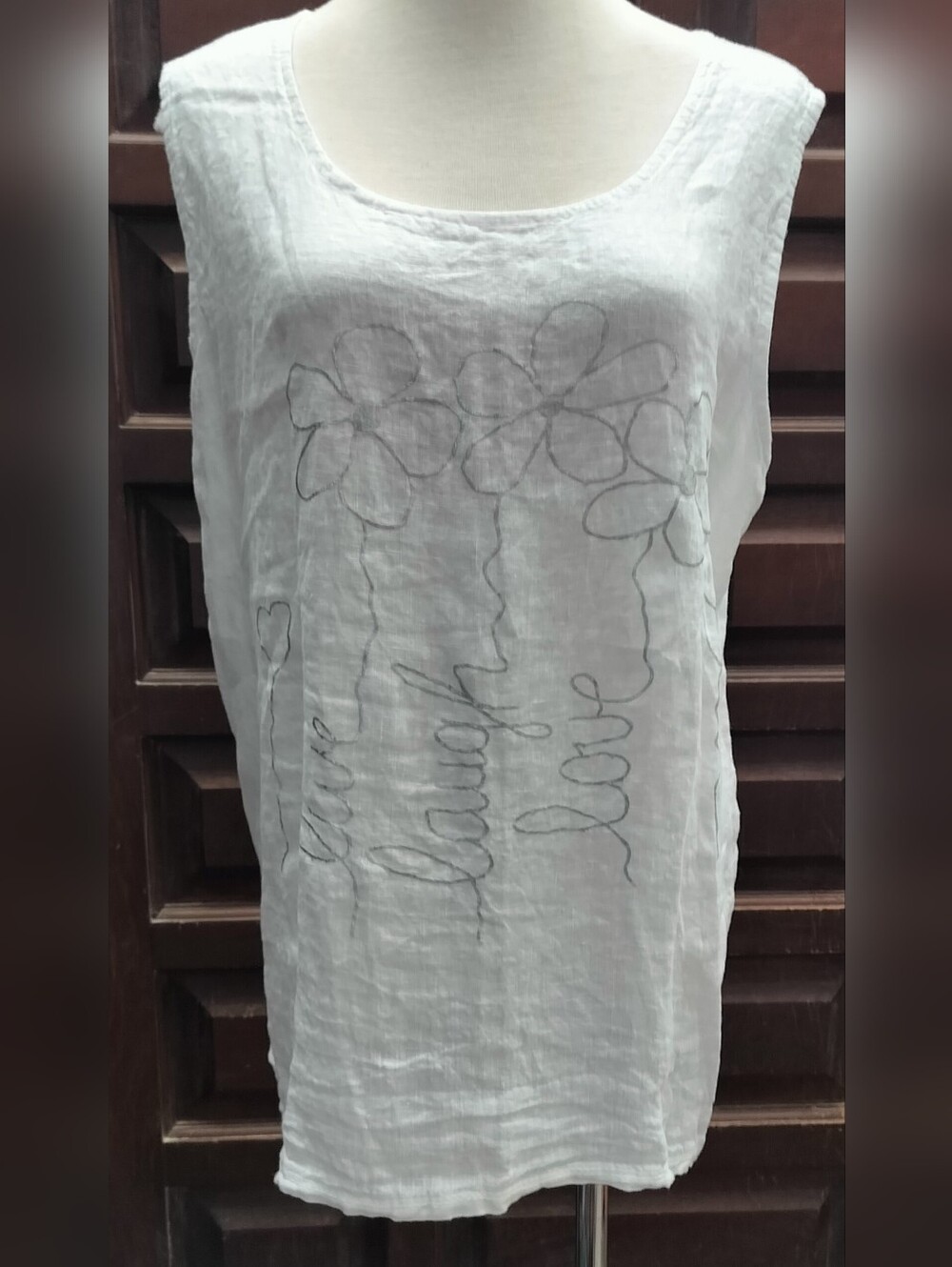 Women's White With Silver Floral Embroidered Linen Tank Top
